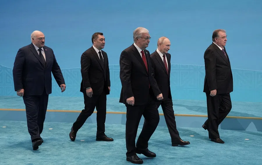 Presidents Alexander Lukashenko of Belarus, Sadyr Japarov of Kyrgyzstan, Kassym-Jomart Tokayev of Kazakhstan, Vladimir Putin of Russia and Emomali Rakhmon of Tajikistan attend a photo ceremony at the Collective Security Treaty Organisation (CSTO) summit in Astana, Kazakhstan, on 28 November 2024. (Turar Kazangapov/Reuters)