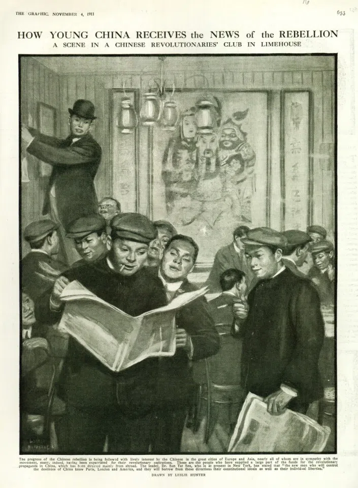 On 4 November 1911, The Graphic ran a report on news of the Xinhai Revolution reaching the UK, including how young revolutionary society members who supported the Chinese revolution received news of the Xinhai Revolution. Sun Yat-sen was active in fund-raising in Europe and the US, where he had a wide Chinese base who were excited at news of the revolution. Sun was in the US when the Wuchang uprising suddenly broke, and only learned of it through the newspapers.
