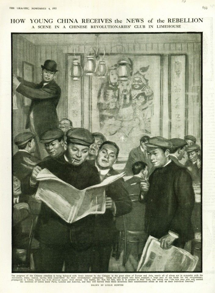 On 4 November 1911, The Graphic ran a report on news of the Xinhai Revolution reaching the UK, including how young revolutionary society members who supported the Chinese revolution received news of the Xinhai Revolution. Sun Yat-sen was active in fund-raising in Europe and the US, where he had a wide Chinese base who were excited at news of the revolution. Sun was in the US when the Wuchang uprising suddenly broke, and only learned of it through the newspapers.