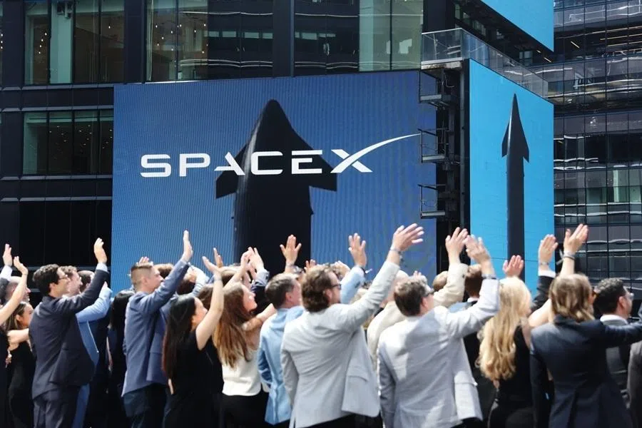 SpaceX signage during the closing bell ceremony at the Nasdaq MarketSite in New York, US, on 12 June 2026.