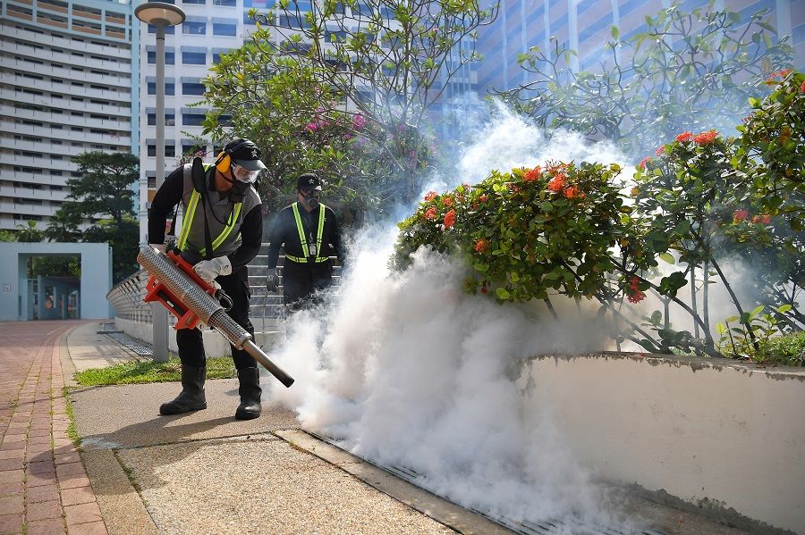 Fogging is being done around plants and drains as part of dengue control operations in a residential area, Singapore. (SPH Media)