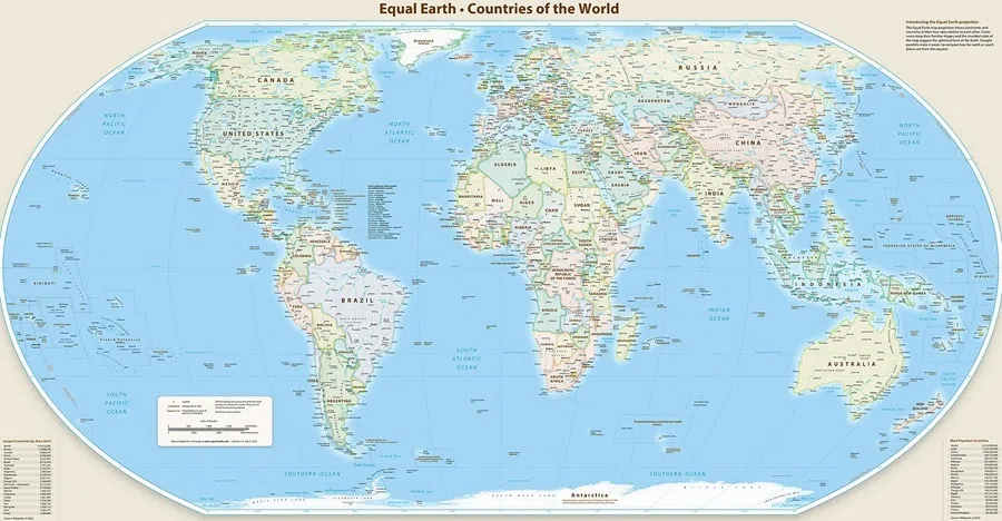In the Equal Earth projection, countries near the equator are proportionately represented based on their land areas.