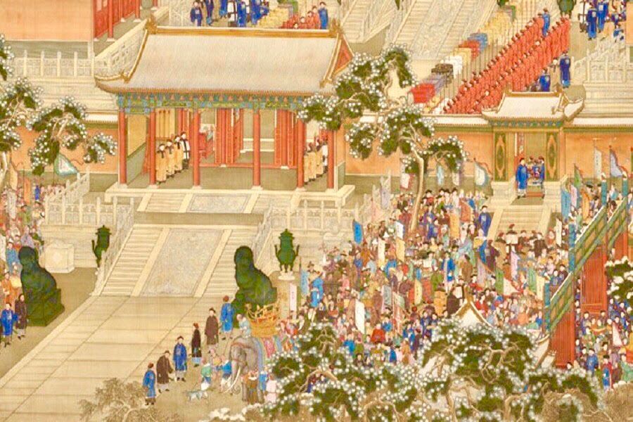 Qing Dynasty, All Nations Come to Pay Tribute (《万国来朝图》), partial, The Palace Museum. (Internet)