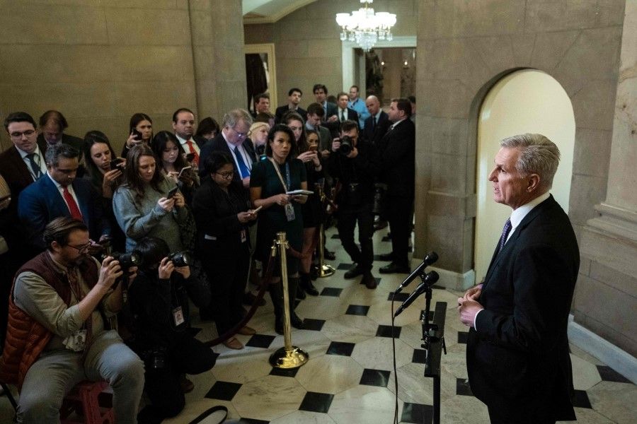 Speaker of the House Kevin McCarthy speaks during a news conference outside of his office at the US Capitol on 24 January 2023 in Washington, DC. (Drew Angerer/AFP)