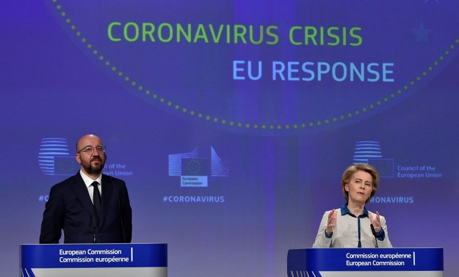 The President of European Commission Ursula von der Leyen and the President of the European Council Charles Michel hold a news conference on the European Union response to the coronavirus disease (COVID-19) crisis at the EU headquarters in Brussels, April 15, 2020. (John Thys/Pool via REUTERS)