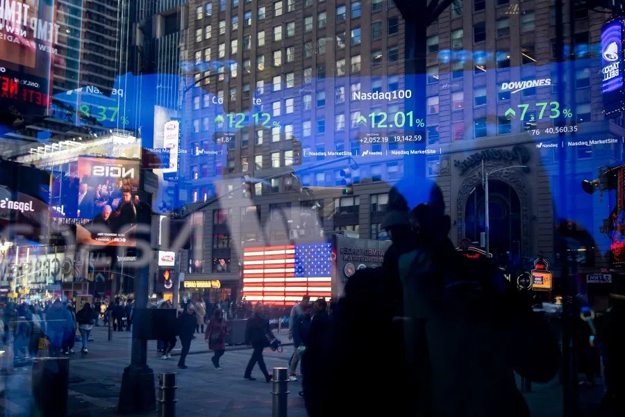 Stock market information at the Nasdaq MarketSite in New York, US, on 9 April 2025.  (Michael Nagle/Bloomberg)