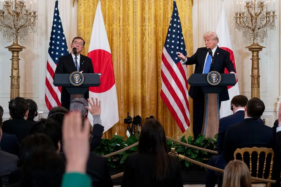 US President Donald Trump, right, and Shigeru Ishiba, Japan’s prime minister, during a news conference in the East Room of the White House in Washington, DC, US, on 7 February 2025. (Stefani Reynolds/Bloomberg)