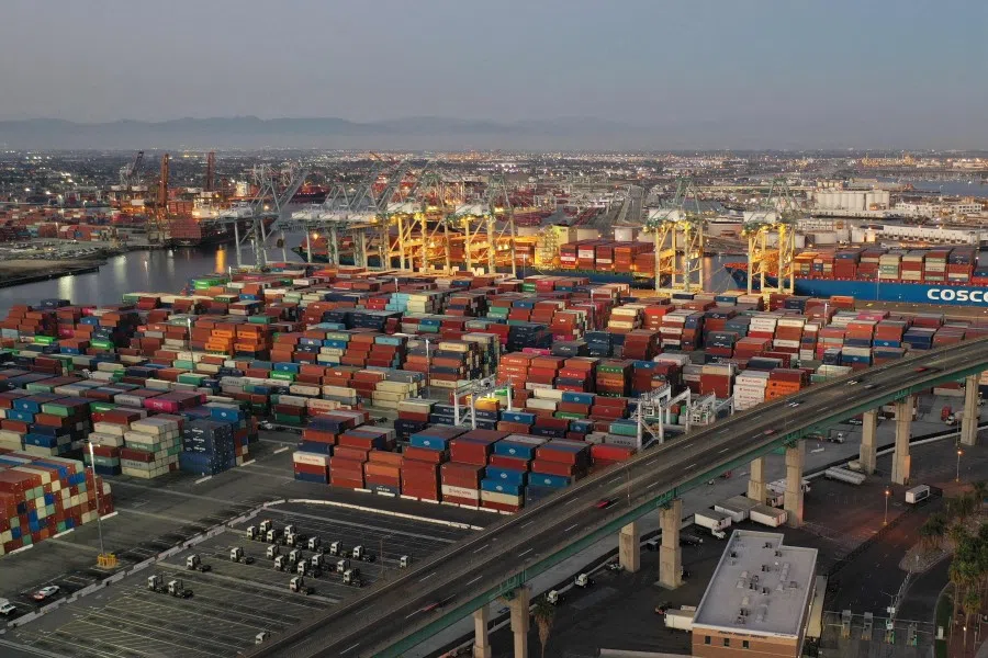 This file aerial photo taken on 14 October 2021 shows the Port of Los Angeles, in Los Angeles, California. (Robyn Beck/AFP)