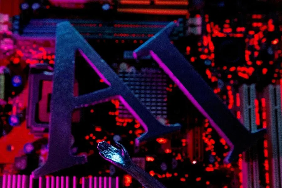AI (Artificial Intelligence) letters and a robot hand are placed on computer motherboard in this illustration created on 23 June 2023.