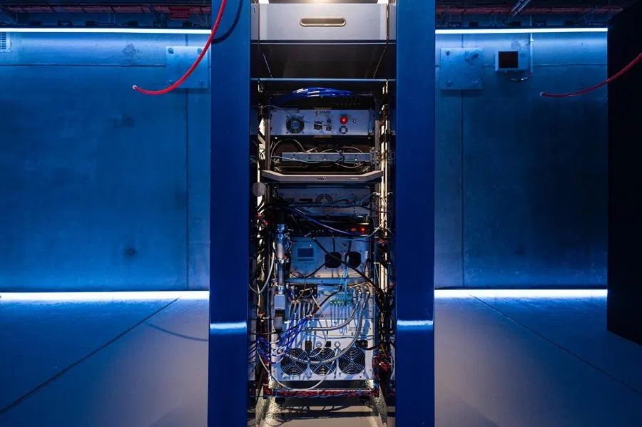 This photograph taken on 18 March 2024 shows a view of MosaiQ modular Quantum Computer during its inauguration at the factory of OVHcloud in Croix, northern France.