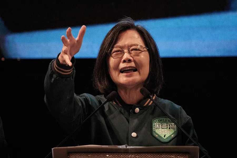 Taiwan President Tsai Ing-wen speaks during an election campaign rally of Taiwan's ruling Democratic Progressive Party (DPP) at the New Taipei City Xinzhuang Civil Sports Center in New Taipei City on 6 January 2024. (Yasuyoshi Chiba/AFP)