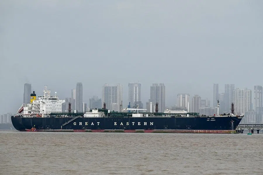 A tanker carrying liquefied petroleum gas (LPG) that transited through the Strait of Hormuz amid the Middle East war, remains docked at an offloading terminal along the coast in Mumbai on 1 April 2026.