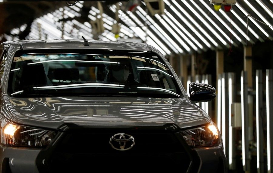 A car is pictured at the Toyota assembly plant in Zarate, on the outskirts of Buenos Aires, Argentina, 15 March 2021. (Agustin Marcarian/Reuters)