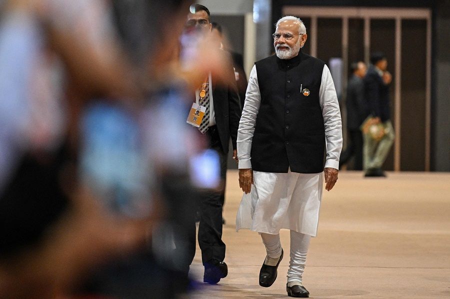 India's Prime Minister Narendra Modi visits the International Media Centre, at the G20 summit venue, in New Delhi on 10 September 2023. (Money Sharma/AFP)
