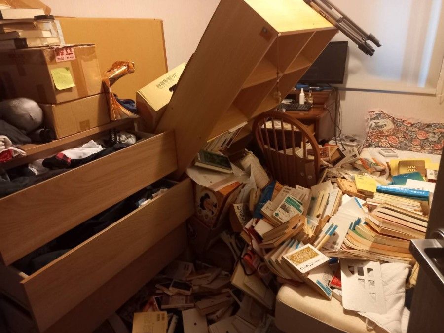 Honda's room after the Hualien earthquake, on 3 April 2024. This was generally as bad as it got in Taipei for anyone living in high-rise buildings.