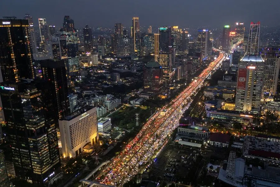 A drone view shows traffic during evening rush hours at the business district in Jakarta, Indonesia, on 3 February 2026. (Willy Kurniawan/Reuters)