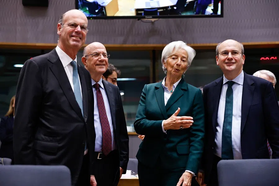 (Left to right) France’s finance minister Eric Lombard, Cyprus’ finance minister Makis Keravnos, president of the European Central Bank (ECB) Christine Lagarde, and Greece’s finance minister Kostis Hatzidakis, during a Eurogroup meeting in Brussels, Belgium, on 20 January 2025. (Simon Wohlfahrt/Bloomberg)