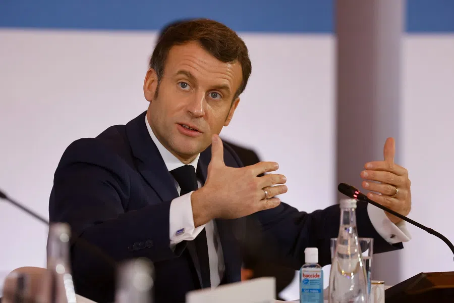 French President Emmanuel Macron delivers a speech at the end of "One Planet Summit" on biodiversity at The Elysee Palace in Paris, France, 11 January 2021. (Ludovic Marin/Pool via Reuters)