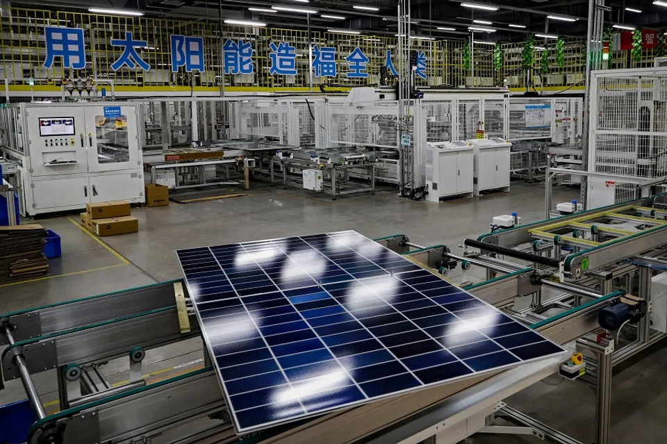 This photo taken on 4 June 2024 shows a solar photovoltaic panel on a production line at a factory in Huai’an, in eastern China’s Jiangsu province.  (AFP)