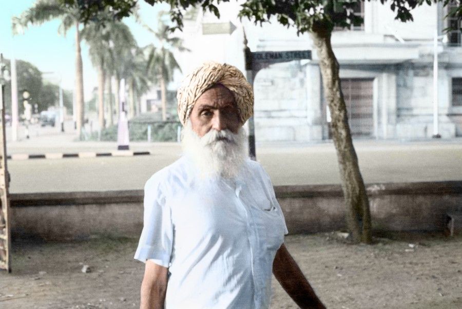 A Sikh on the street, 1960s. Sikhism originated in the Indian subcontinent, and is the sixth-largest religion in the world. Sikh temples and believers are found in Singapore.