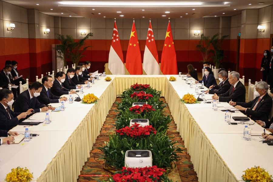Prime Minister of Singapore, Lee Hsien Loong and Premier of the People's Republic of China Li Keqiang, held a bilateral meeting on 11 November 2022 at Sokha Hotel, Phnom Penh, Cambodia, on the sidelines of the ASEAN Summit. (SPH Media)
