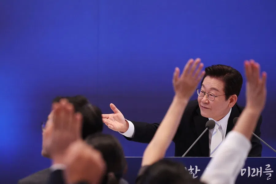 South Korea's President Lee Jae-myung takes questions during a news conference to mark 100 days in office at the Blue House in Seoul on 11 September 2025.
