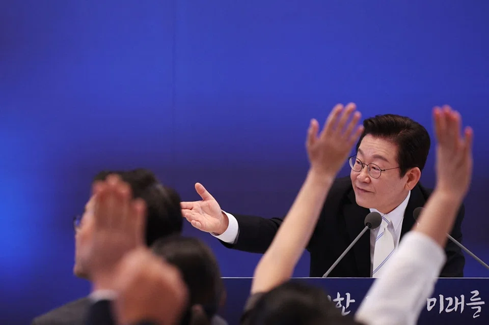 South Korea's President Lee Jae-myung takes questions during a news conference to mark 100 days in office at the Blue House in Seoul on 11 September 2025. (Kim Hong-Ji/Pool/AFP)