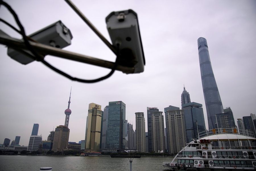 The East and the West have divergent reactions to the topic of state surveillance. In this photo taken on 15 January 2020, surveillance cameras are seen at Lujiazui financial district of Pudong, Shanghai. (Aly Song/Reuters)
