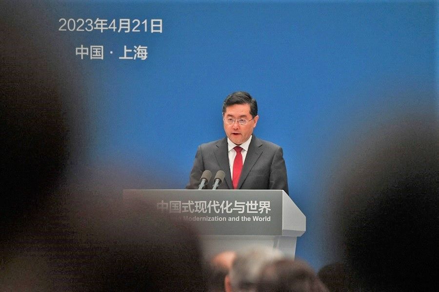 China's Foreign Minister Qin Gang delivers a speech during the opening ceremony of the Lanting Forum, held under the theme of "Chinese Modernization and the World", at the Grand Halls, in Shanghai, China, on 21 April 2023. (Hector Retamal/AFP)