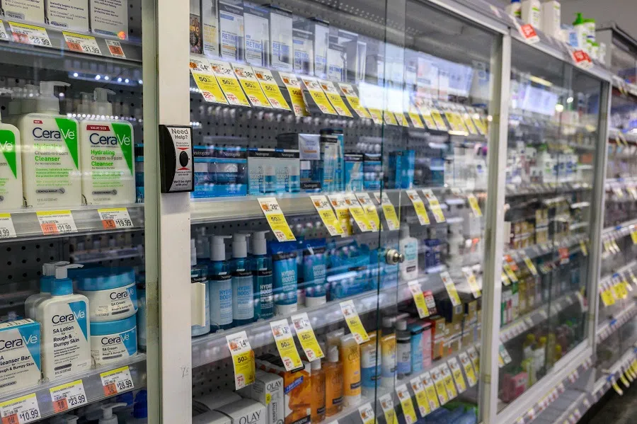 Items are seen at a drugstore and pharmacy on 24 August 2023 in New York City, US. (Angela Weiss/AFP)