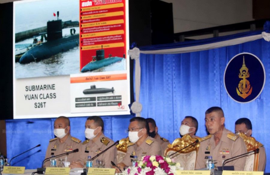 The Royal Thai Navy holds a press briefing at the force's headquarters in Bangkok in 2020 to defend the purchase of two more submarines worth 22.5 billion baht from China. (Photo: Bangkok Post)