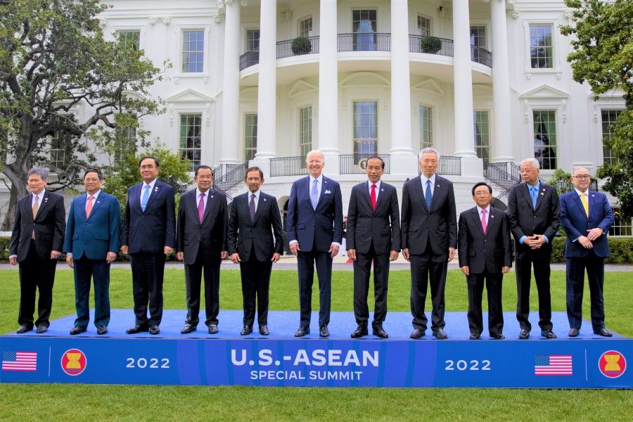 US President Joe Biden (centre) with leaders of the Association of Southeast Asian Nations (ASEAN) countries on the South Lawn of the White House in Washington, DC, US, on 12 May 2022. (Michael Reynolds/Bloomberg)