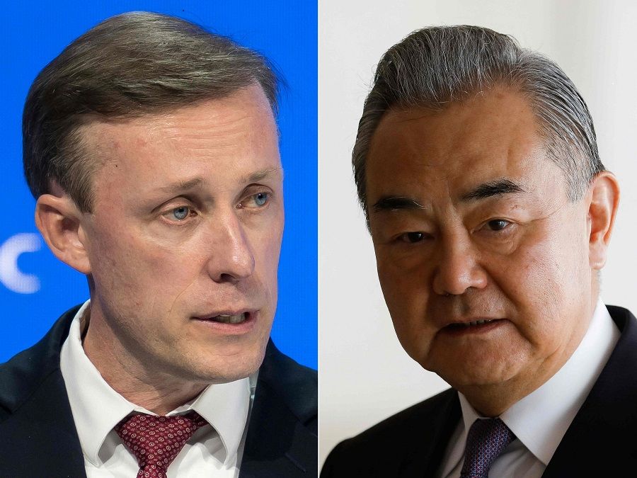 US national security adviser Jake Sullivan (left) in Davos on 16 January 2024 and China's Foreign Minister Wang Yi (right) in Brazil on 19 January 2024. (Fabrice Coffrini and Sergio Lima/AFP)