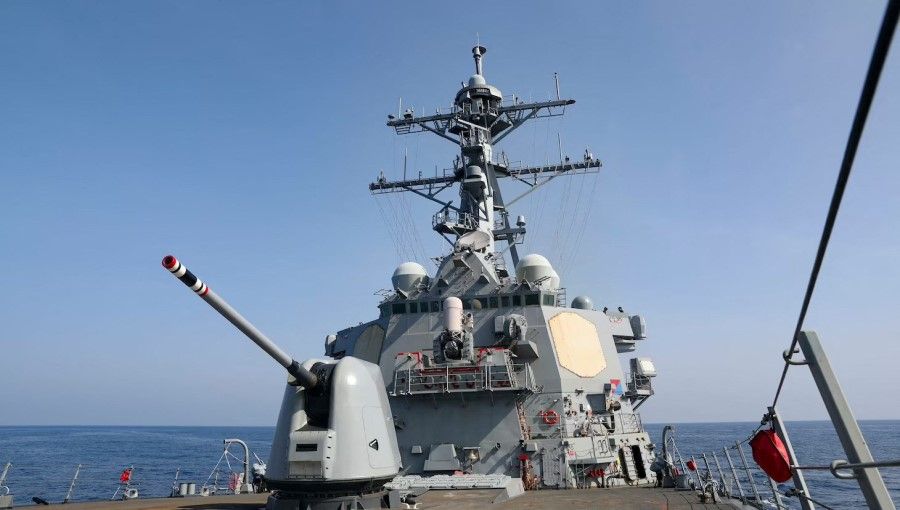 The Arleigh Burke-class guided-missile destroyer USS Milius (DDG 69), deployed to the US 7th Fleet area of operations, conducts a Taiwan Strait transit operation, at an undisclosed location in this handout picture released on 17 April 2023. (US Navy/Handout via Reuters)