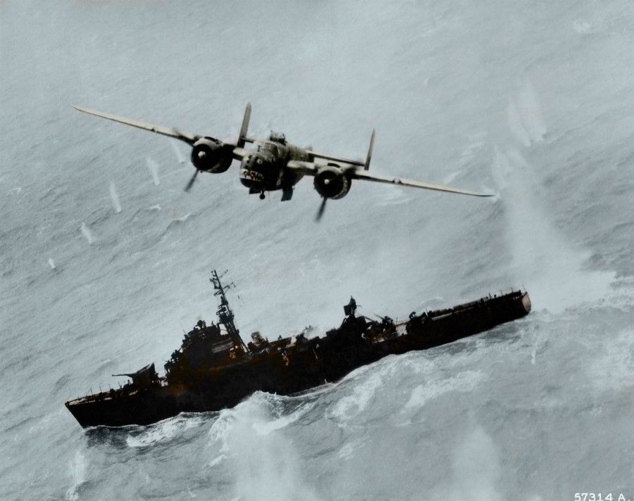 A B-25 bomber of the 345th Bombardment Group, Fifth Air Force, bombs a Japanese corvette in the sea off Xiamen, 6 June 1945. The 345th served in the South Pacific during World War II, and was involved in the battle of Guadalcanal. After its base was shifted to the Philippines in November 1944, it was mainly responsible for attacking Japanese air bases and communications facilities in Luzon and Taiwan. It was based in Ieshima from July 1945, and moved back to the US in December that year. It was inactivated in 1959.