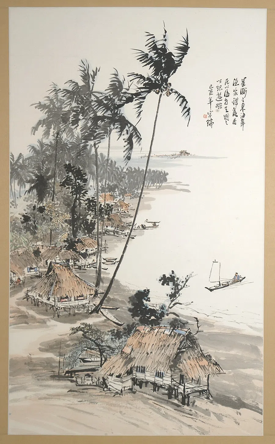 Chen Chong Swee, Kampong, 1949, Ink and colour on paper, 114.3 x 68.5 cm.