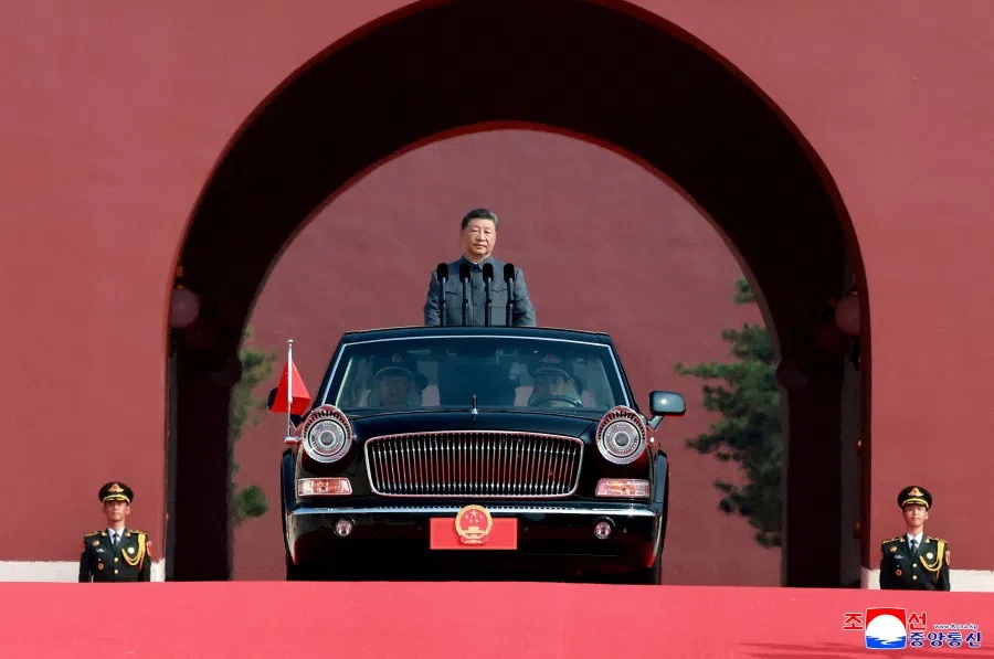 Chinese President Xi Jinping attends a military parade marking the 80th anniversary of the end of World War Two, in Beijing, China, in this picture released by the Korean Central News Agency, 3 September 2025. (KCNA via Reuters)