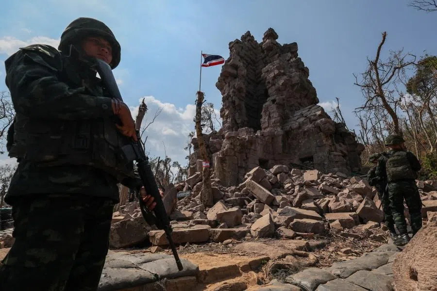 Soldiers stand guard next to Prasat Ta Khwai, a site of clashes between Thailand and Cambodia in December 2025, in Surin province, Thailand, on 20 January 2026. (Athit Perawongmetha/Reuters)