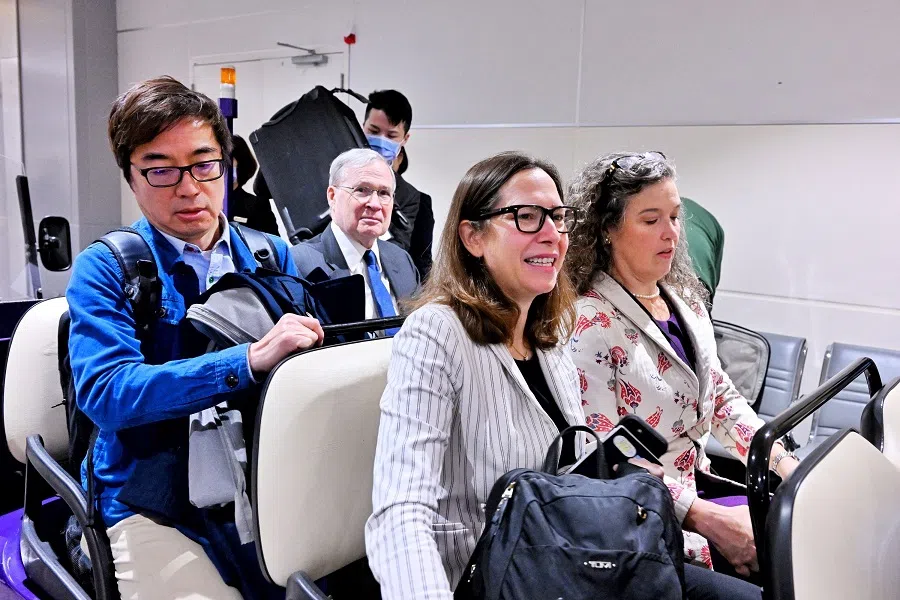 This photo taken by Taiwan's Central News Agency (CNA) on 14 January 2024 shows former US national security adviser Stephen Hadley (back centre) arriving with American Institute in Taiwan (AIT) chair Lauren Rosenberger (front left) and AIT director Sandra Oudkirk (front right) at Taoyuan International Airport. (Taiwan's Central News Agency/AFP)