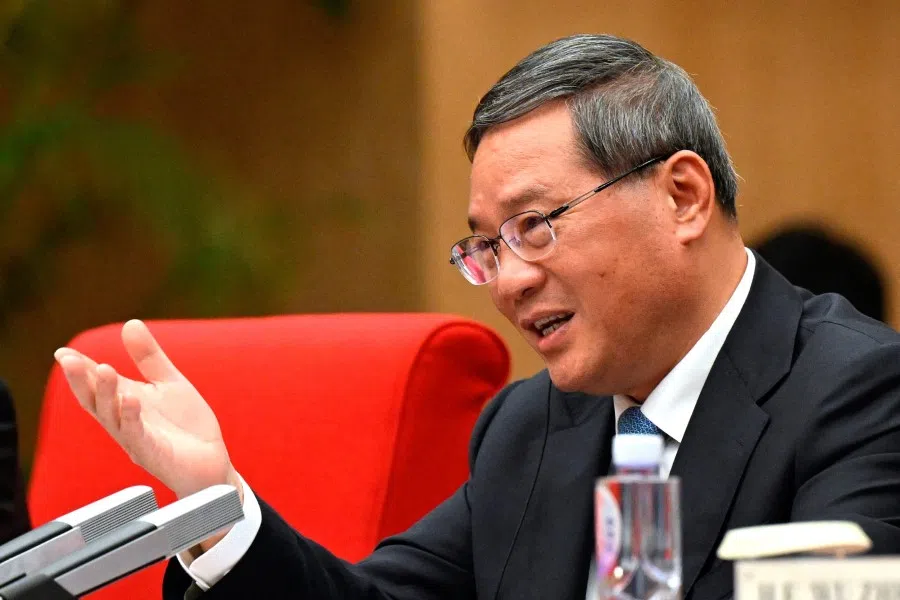 Chinese Premier Li Qiang speaks during a meeting ahead of the annual World Economic Forum New Champions in Tianjin, China, on 26 June 2023. (Wang Zhao/Pool via Reuters)