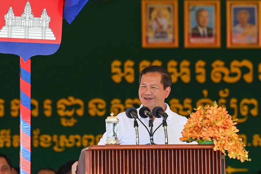 Cambodia’s Prime Minister Hun Manet speaks during a groundbreaking ceremony for the Funan Techo Canal in Kandal province on 5 August 2024. (Tang Chhin Sothy/AFP)