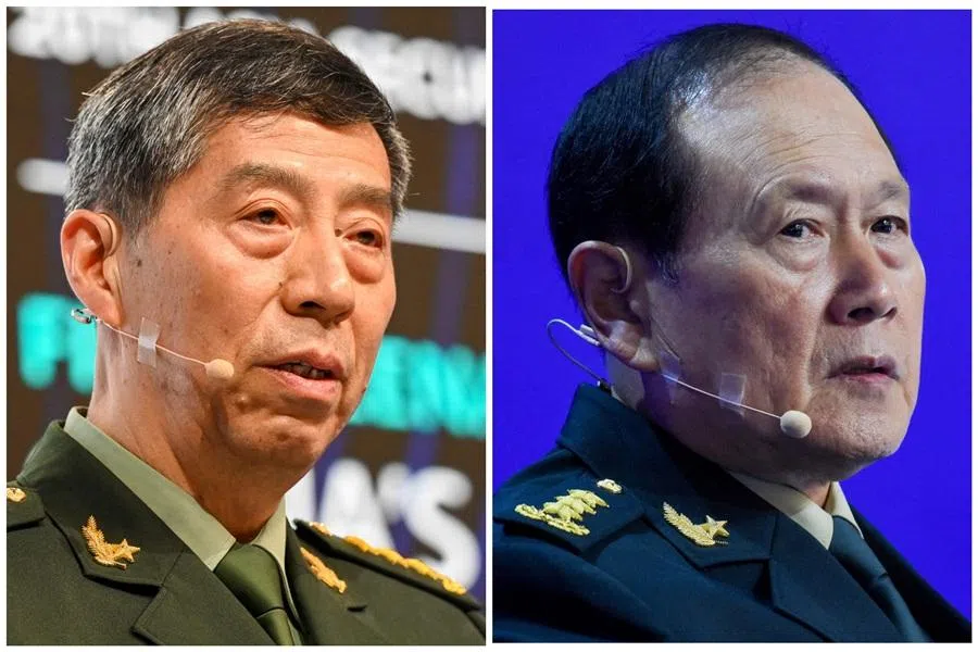 (left) China’s Defence Minister Li Shangfu delivers a speech during the 20th Shangri-La Dialogue summit in Singapore on 4 June 2023.
(right) China’s Defence Minister Wei Fenghe attends the Shangri-La Dialogue summit in Singapore on 12 June 2022.