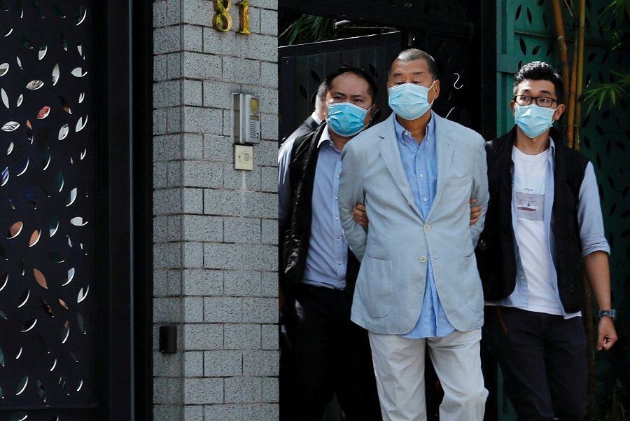 Media mogul Jimmy Lai is detained by the national security unit in Hong Kong, China, on 10 August 2020. (Tyrone Siu/Reuters)