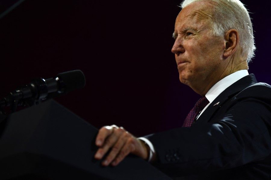 US President Joe Biden addresses a press conference at the end of the G20 of World Leaders Summit on 31 October 2021 at the convention centre "La Nuvola" in the EUR district of Rome. (Brendan Smialowski/AFP)