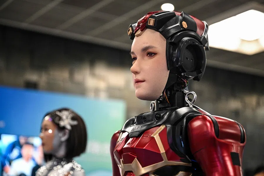 A humanoid robot by Digit is seen during the WAIC at the Shanghai World Expo and Convention Center in Shanghai on 29 July 2025. (Hector Retamal/AFP)