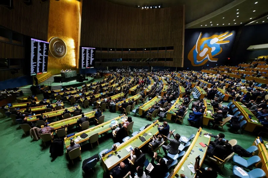 A general view shows the results of the voting during the 11th emergency special session of the 193-member UN General Assembly on Russia's invasion of Ukraine, at the United Nations Headquarters in Manhattan, New York City, US, 2 March 2022. (Carlo Allegri/Reuters)