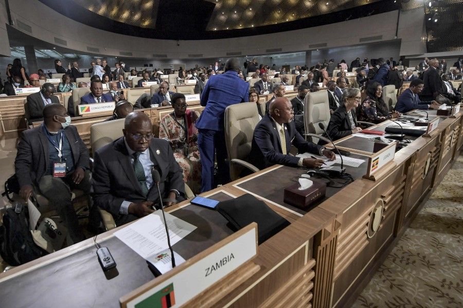 (Front left to right) Delegates of Zambia, Uganda, Tunisia (Prime Minister Najla Bouden) and other African nations attend the opening session of the eighth Tokyo International Conference on African Development (TICAD8) in Tunisia's capital Tunis on 27 August 2022. (Fethi Belaid/AFP)