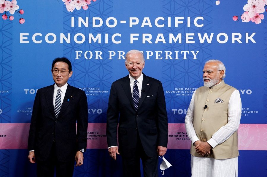 US President Joe Biden, India's Prime Minister Narendra Modi and Japan's Prime Minister Fumio Kishida attend the Indo-Pacific Economic Framework for Prosperity (IPEF) launch event at Izumi Garden Gallery in Tokyo, Japan, 23 May 2022. (Jonathan Ernst/Reuters)