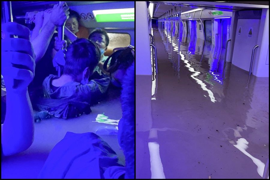 These handout photos taken on 20 July 2021 and received on 21 July courtesy of Weibo user merakiZz-, shows a submerged subway car following heavy rains in Zhengzhou, in China's central Henan province. (Handout/Courtesy of Weibo user merakiZz-/AFP)