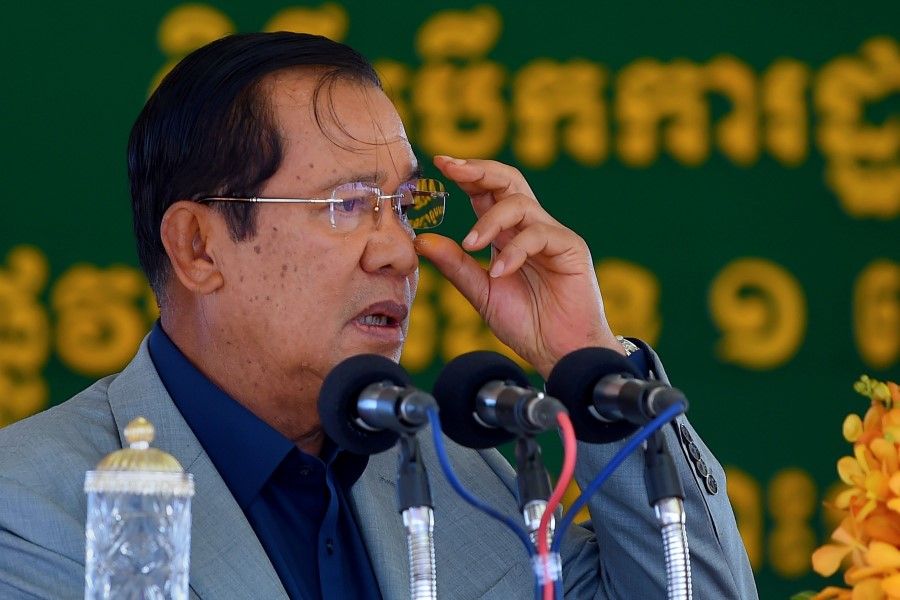 Cambodia's Prime Minister Hun Sen speaks during a ground breaking ceremony for the construction of a bridge across the Bassac river in Phnom Penh on 26 October 2020. (Tang Chhin Sothy/AFP)